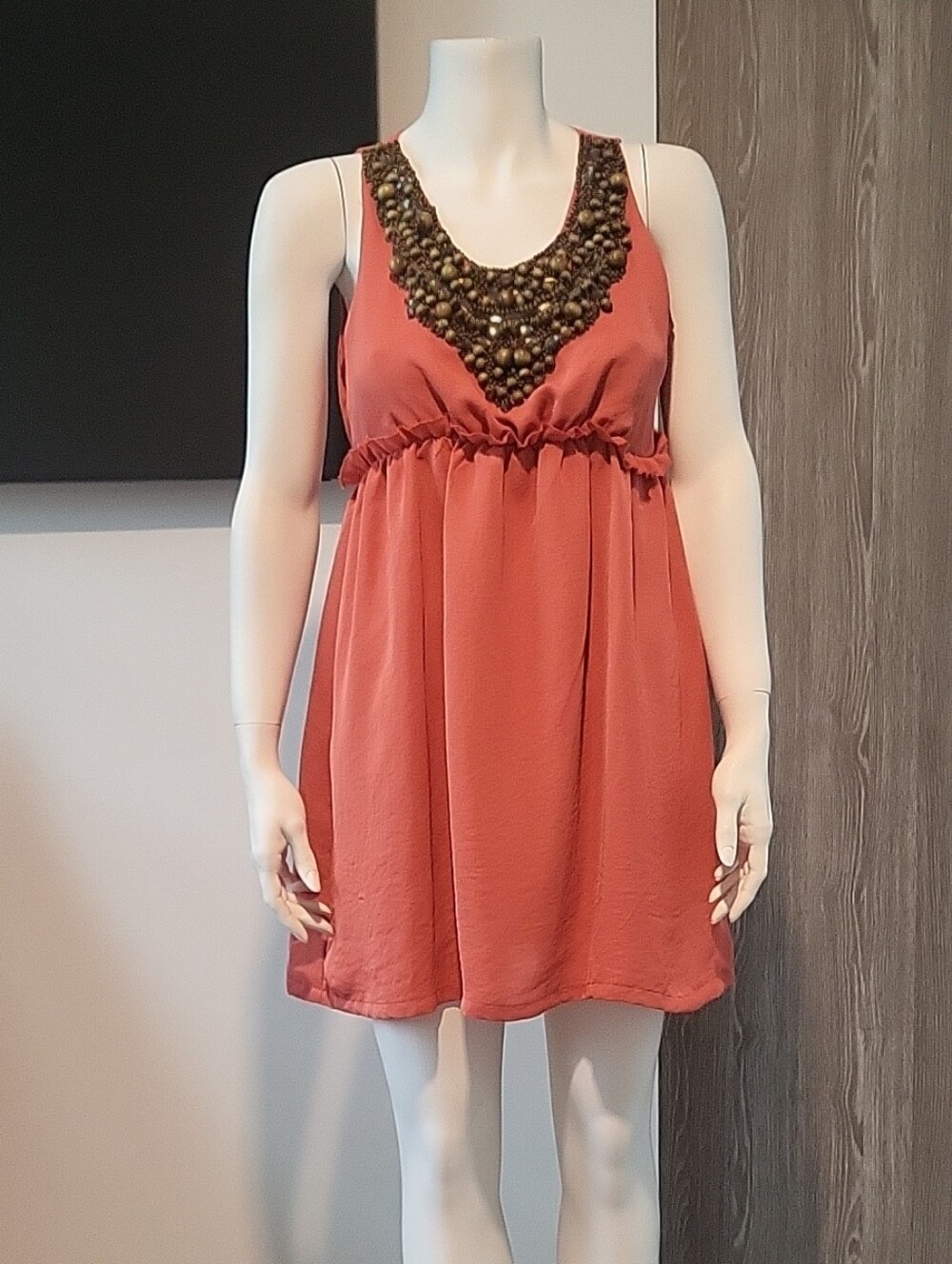Forever 21 Coral Beaded-Neck Mini Dress